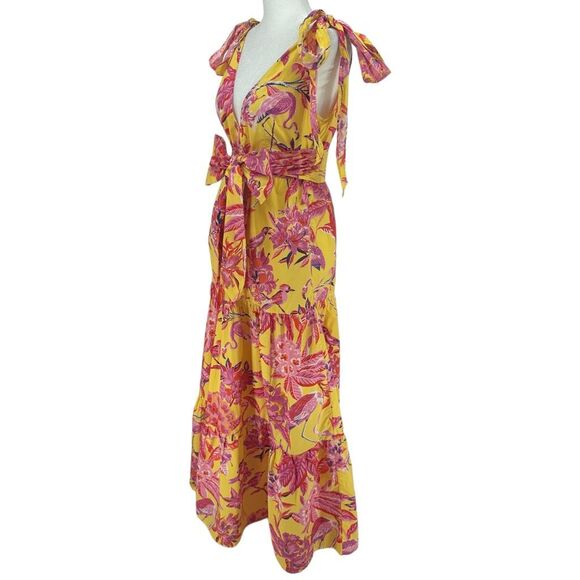 Banjanan Carnation Flamingo Rhododendron Ruffle Maxi Dress Size Small Yellow - Picture 5 of 13